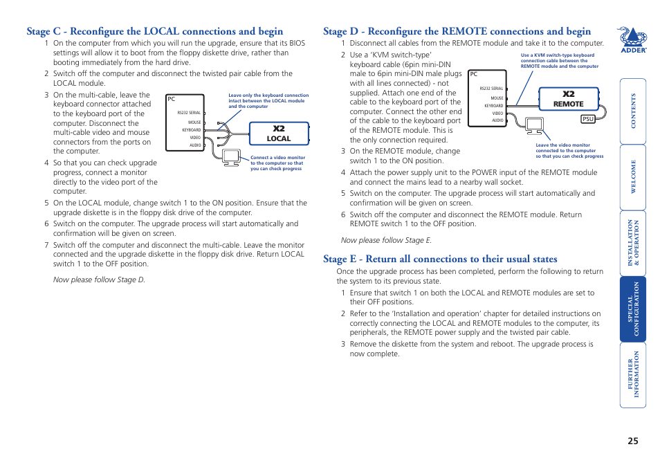 Stage c - reconfigure the local connections, 25 stage d - reconfigure the remote connections | Adder Technology X2 User Manual | Page 26 / 31