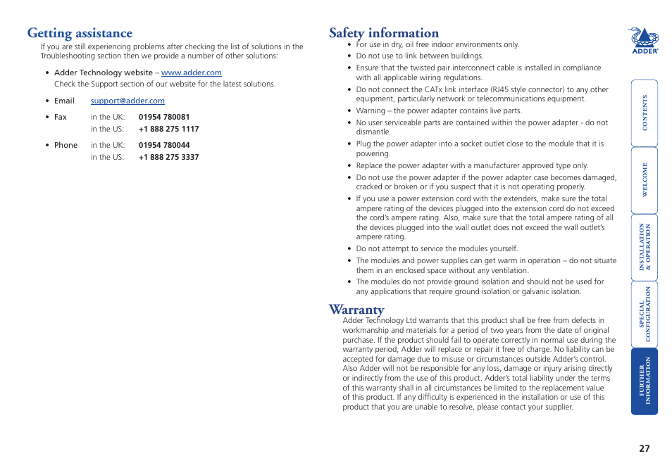 Getting assistance, Safety information, Warranty | Adder Technology X2 User Manual | Page 28 / 31