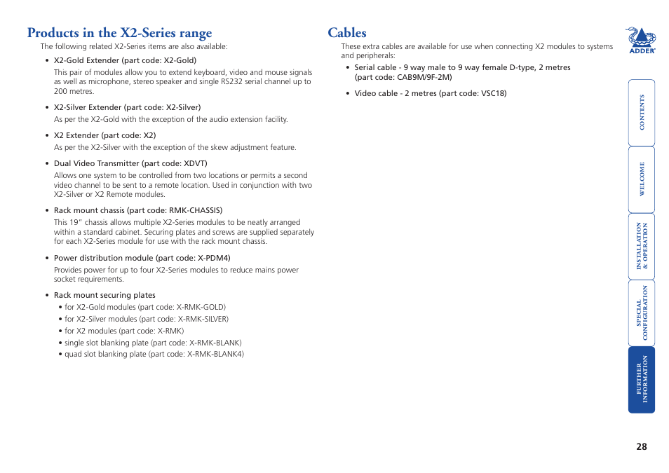 Products in the x2-series range, Cables, 28 cables | Adder Technology X2 User Manual | Page 29 / 31