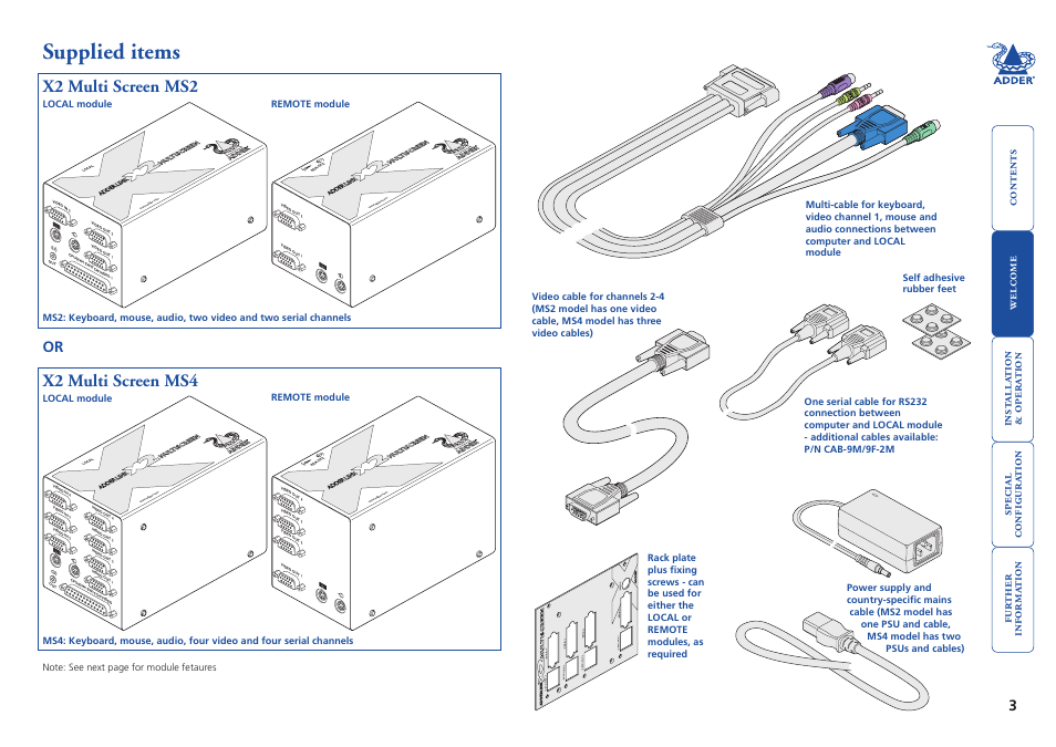 Supplied items, X2 multi screen ms2, X2 multi screen ms4 | Adder Technology X2 User Manual | Page 4 / 31
