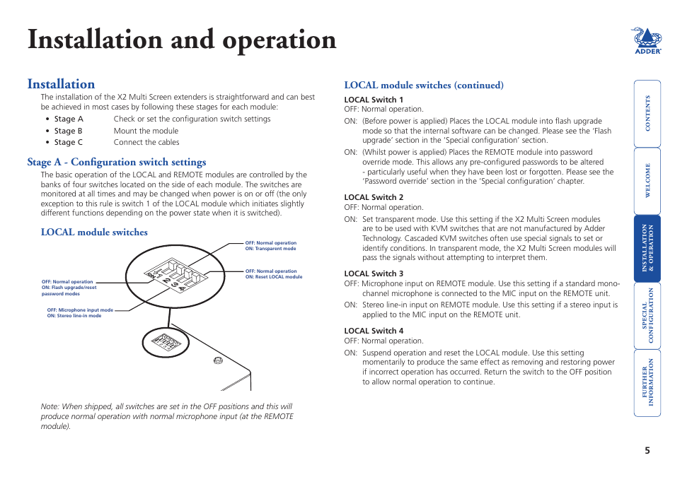 Installation and operation, Installation, Stage a - configuration switch settings | Local module switches | Adder Technology X2 User Manual | Page 6 / 31