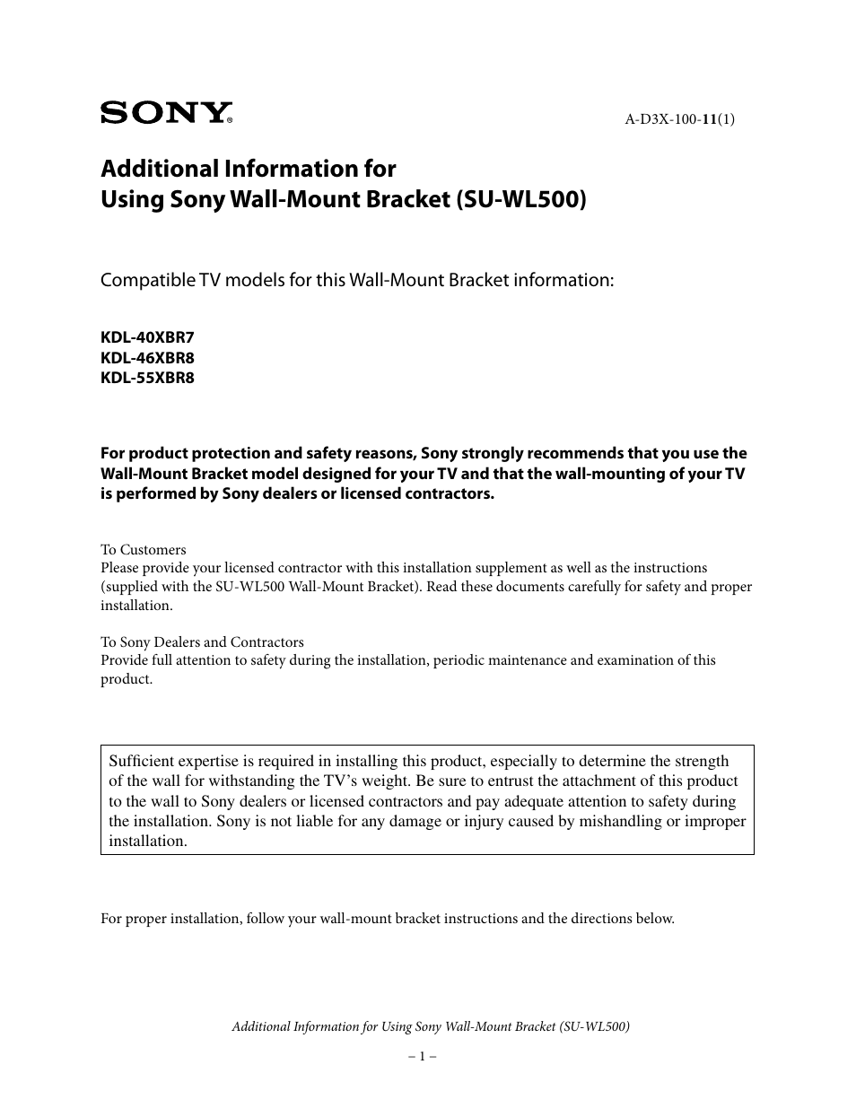 Sony KDL-55XBR8 User Manual | 4 pages