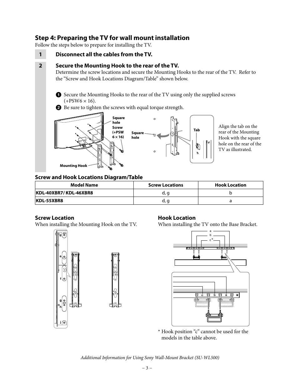 Screw and hook locations diagram/table, Screw location, Hook location | When installing the mounting hook on the tv, When installing the tv onto the base bracket | Sony KDL-55XBR8 User Manual | Page 3 / 4