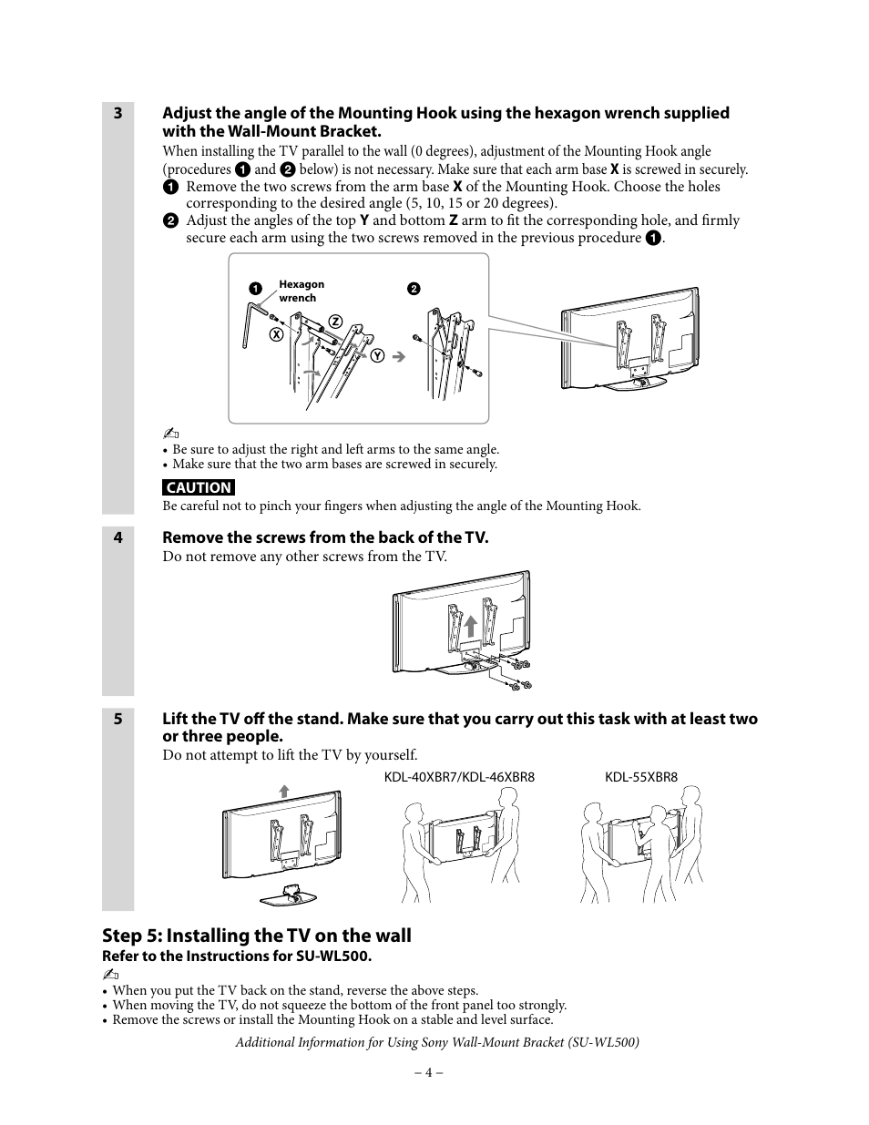 Step 5: installing the tv on the wall | Sony KDL-55XBR8 User Manual | Page 4 / 4