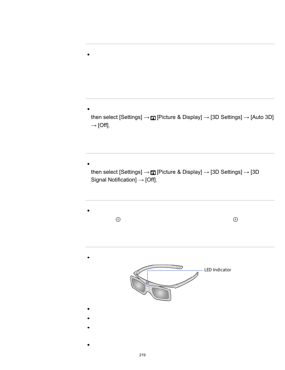 3d signal is detected, You cannot turn the active 3d glasses on, Led indicator on the active 3d glasses blinks | Sony KDL-65W850A User Manual | Page 219 / 249