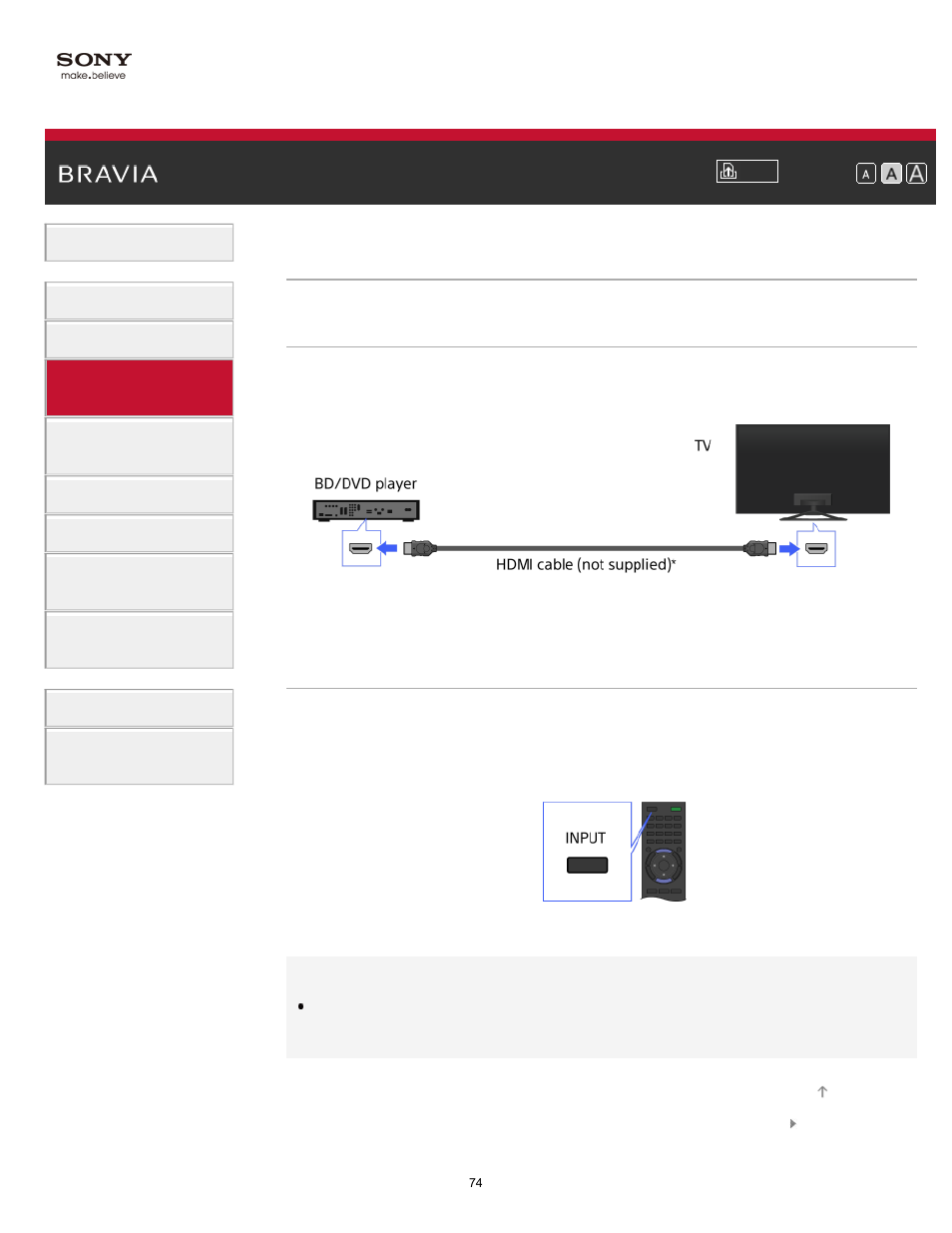 Hdmi connection | Sony KDL-65W850A User Manual | Page 74 / 249