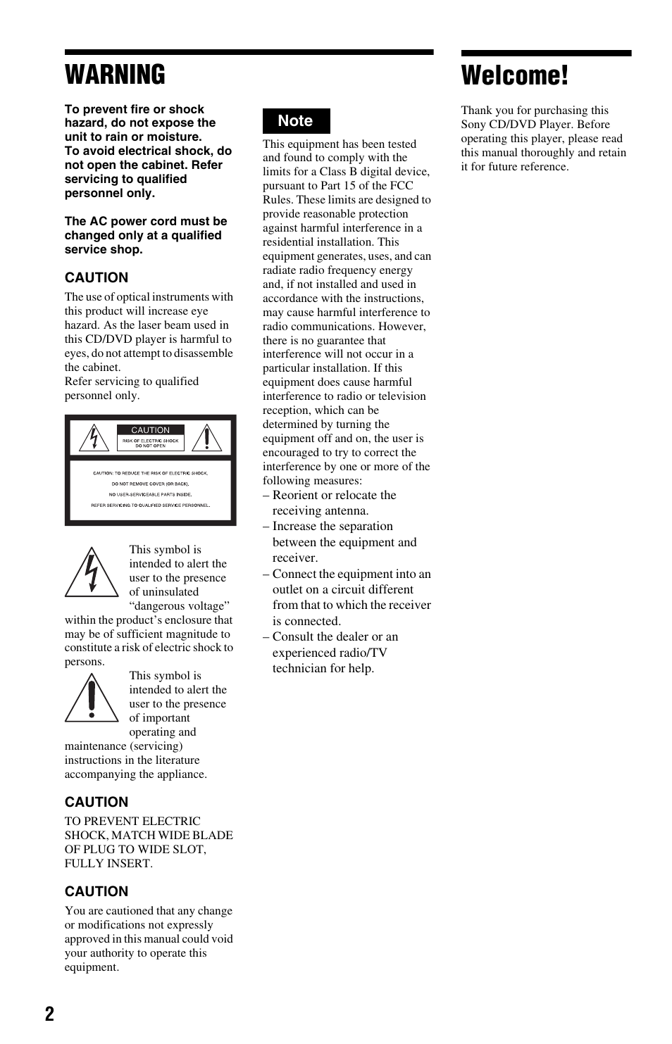 Warning, Welcome | Sony DVP-NS575PB User Manual | Page 2 / 80