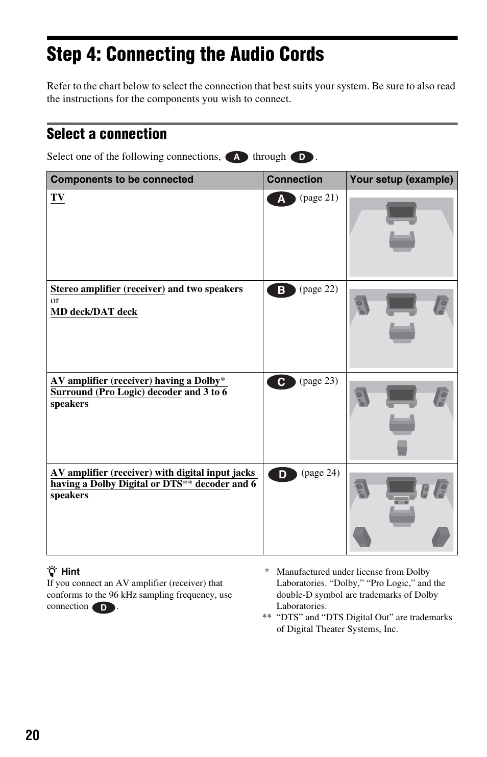 Step 4: connecting the audio cords, Select a connection | Sony DVP-NS575PB User Manual | Page 20 / 80