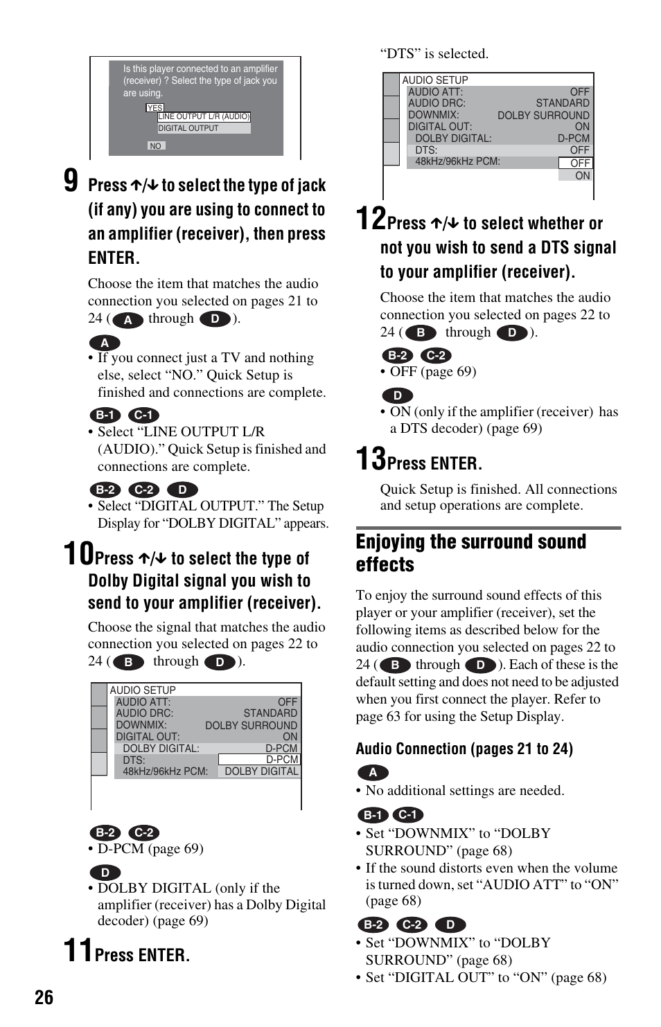 Enjoying the surround sound effects, Press enter | Sony DVP-NS575PB User Manual | Page 26 / 80