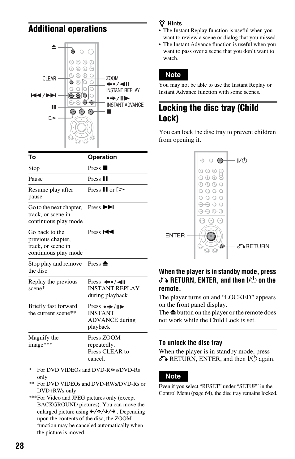 Pause button (28), Button (28, Stop button (28) | Enter button (28), Button (28), Additional operations, Locking the disc tray (child lock) | Sony DVP-NS575PB User Manual | Page 28 / 80