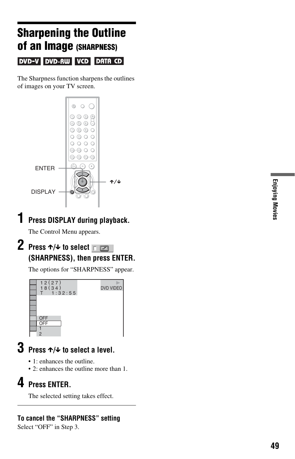 Sharpening the outline of an image (sharpness), Sharpening the outline of an image | Sony DVP-NS575PB User Manual | Page 49 / 80