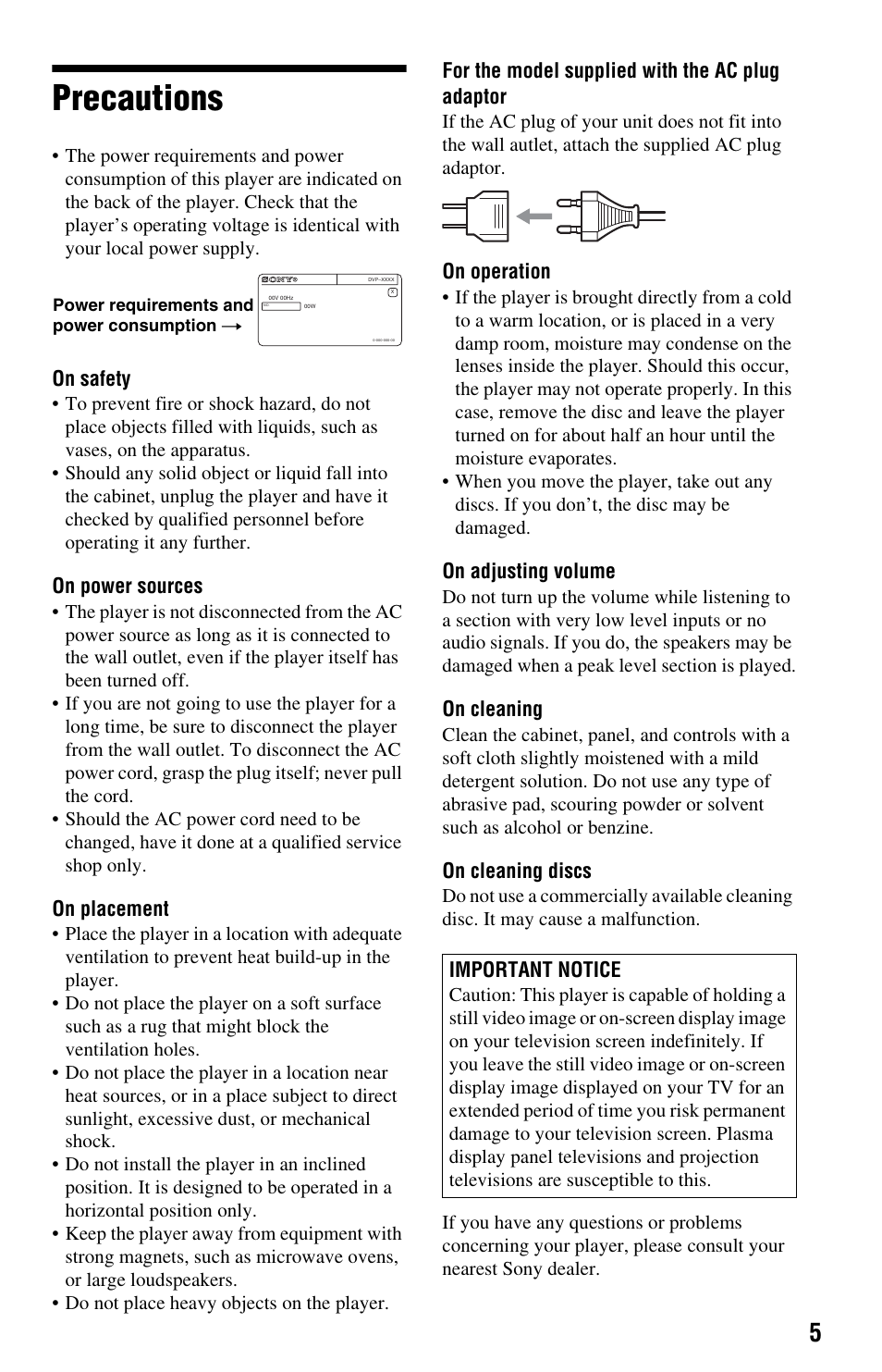 Precautions | Sony DVP-NS575PB User Manual | Page 5 / 80