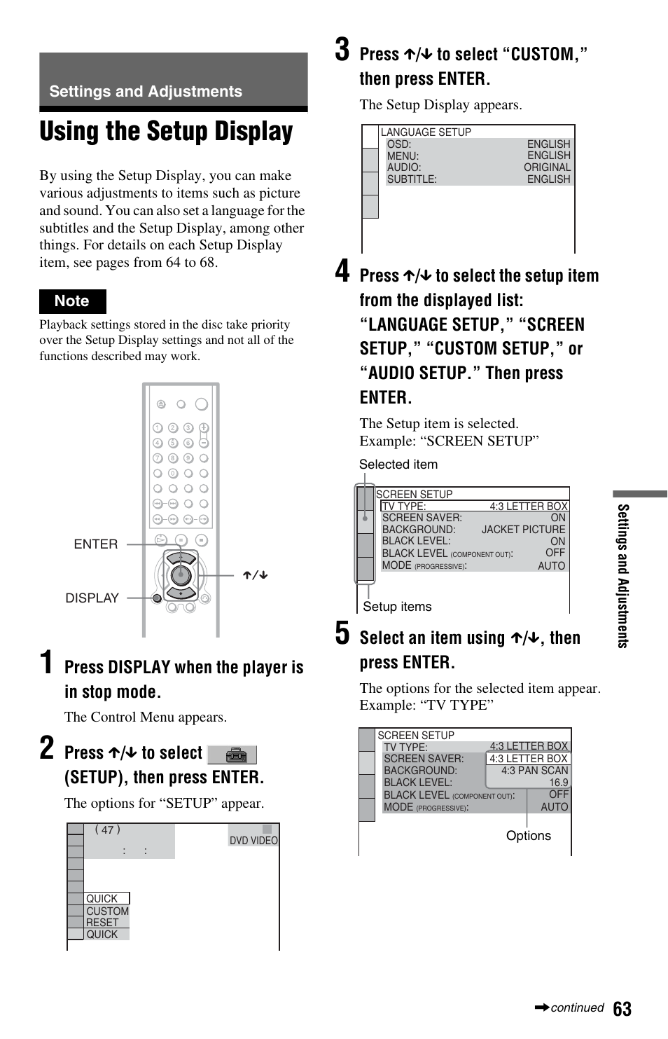 Settings and adjustments, Using the setup display, Press display when the player is in stop mode | Press x / x to select (setup), then press enter, Press x / x to select “custom,” then press enter, Select an item using x / x , then press enter | Sony DVP-NS575PB User Manual | Page 63 / 80