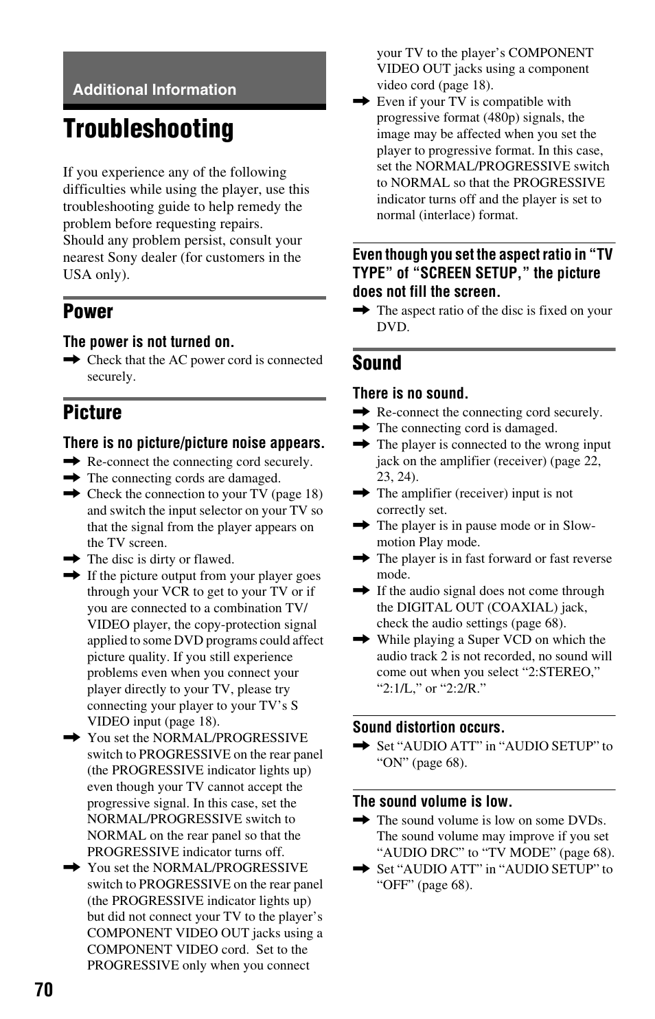 Additional information, Troubleshooting, Power | Picture, Sound | Sony DVP-NS575PB User Manual | Page 70 / 80