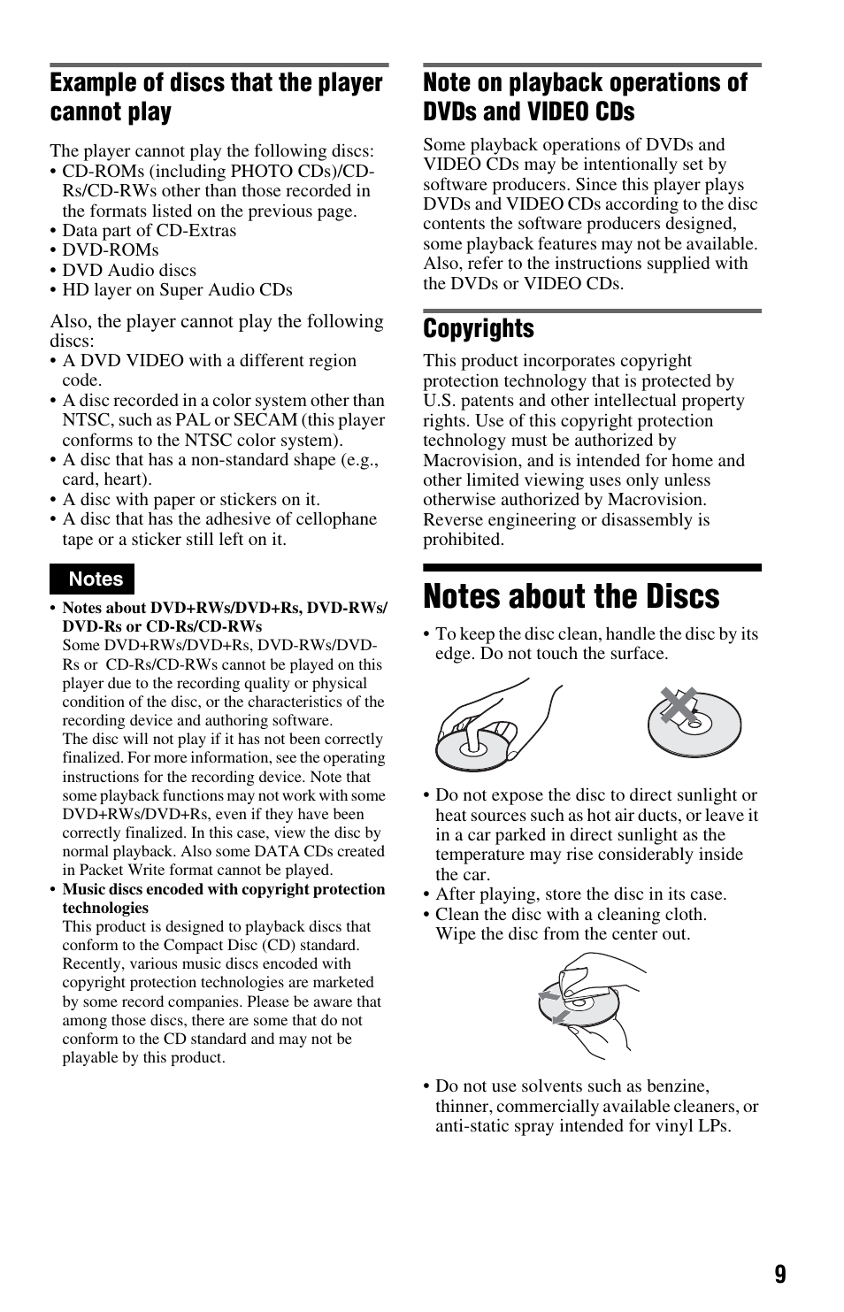 Notes about the discs, Example of discs that the player cannot play, Copyrights | Sony DVP-NS575PB User Manual | Page 9 / 80