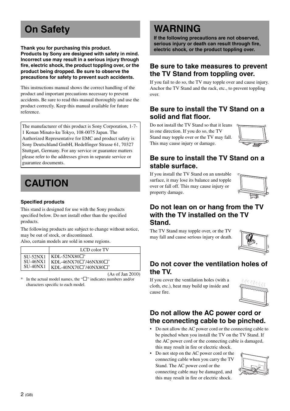 On safety, Caution, Warning | Do not cover the ventilation holes of the tv | Sony SU-46NX1 User Manual | Page 10 / 220