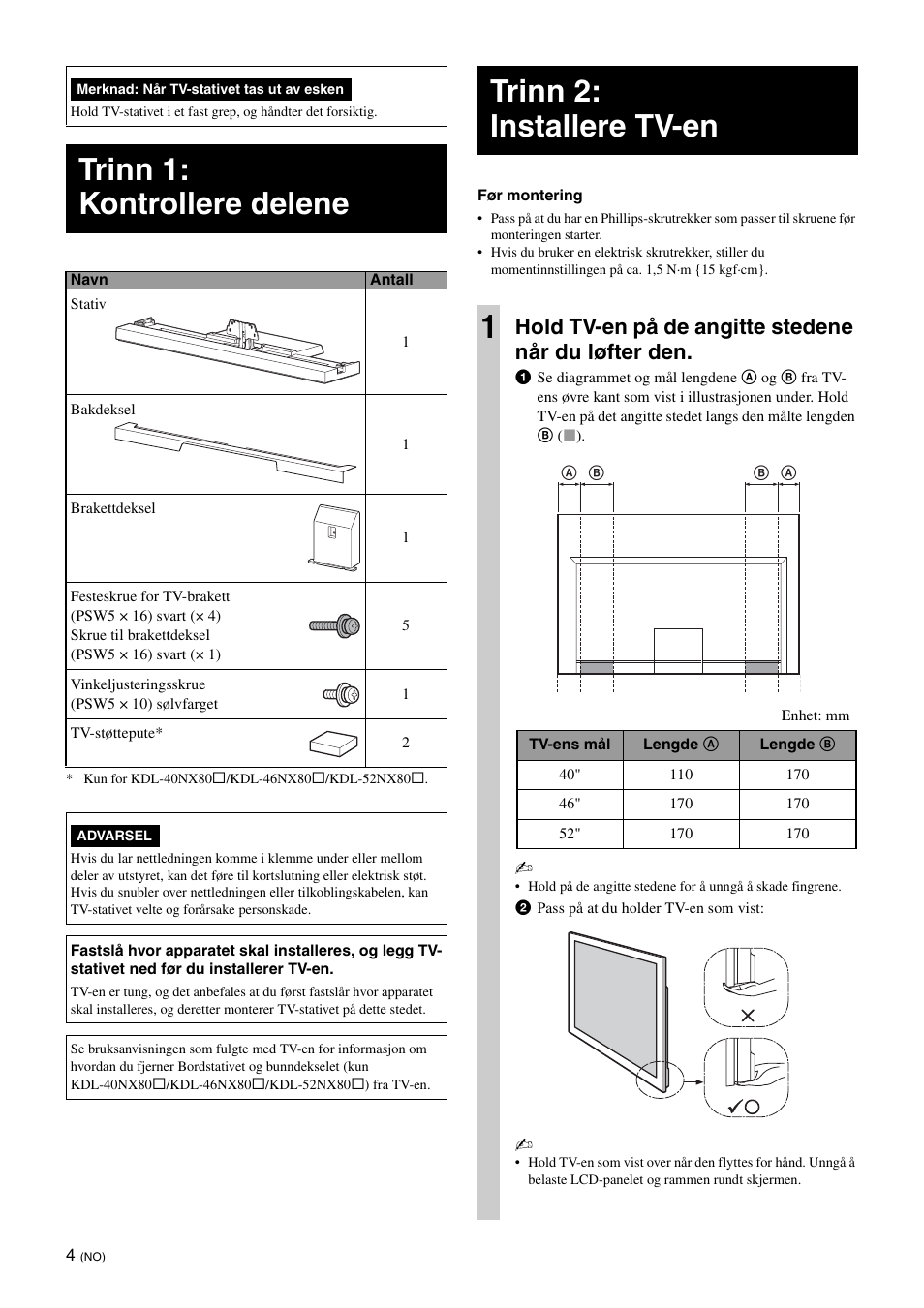 Trinn 1: kontrollere delene, Trinn 2: installere tv-en, Trinn 2: installere tv-en 1 | Hold tv-en på de angitte stedene når du løfter den | Sony SU-46NX1 User Manual | Page 100 / 220