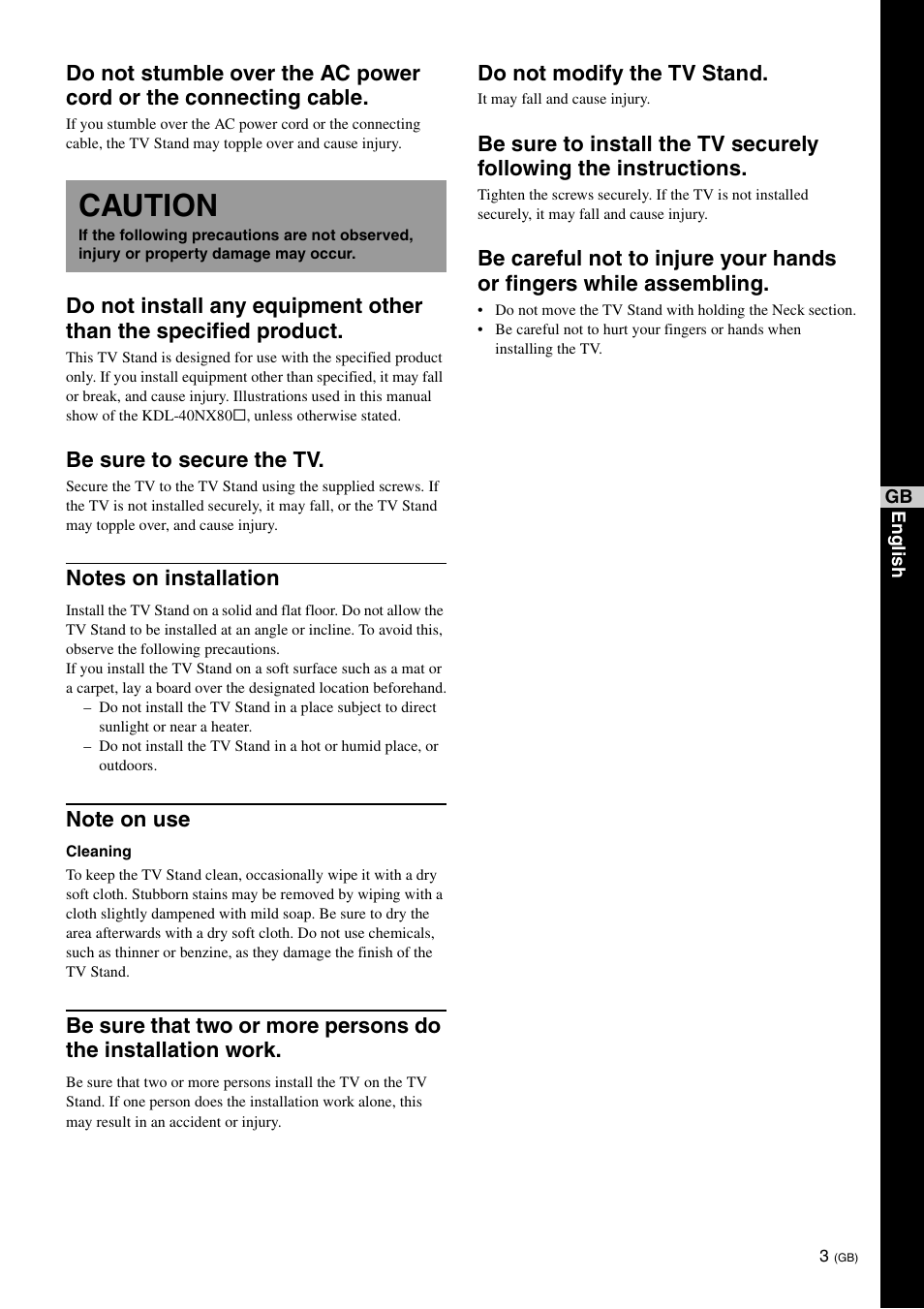 Caution, Be sure to secure the tv, Do not modify the tv stand | Sony SU-46NX1 User Manual | Page 11 / 220