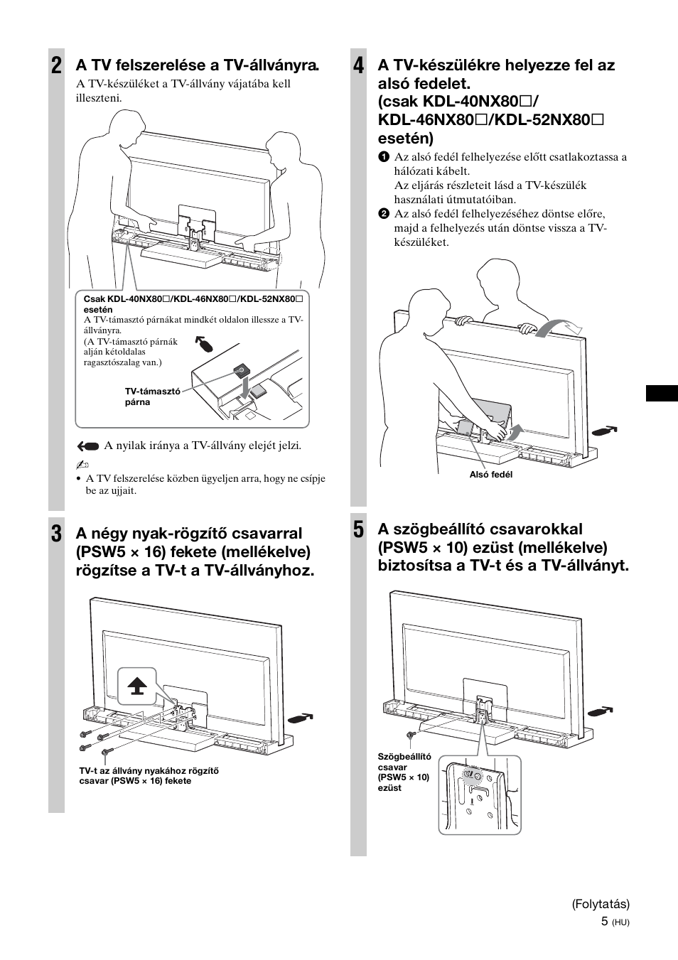 A tv felszerelése a tv-állványra | Sony SU-46NX1 User Manual | Page 125 / 220