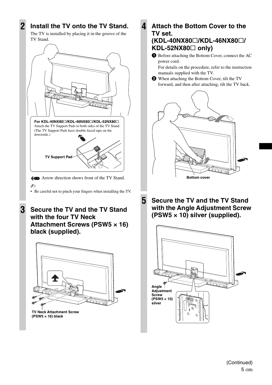 Install the tv onto the tv stand | Sony SU-46NX1 User Manual | Page 13 / 220