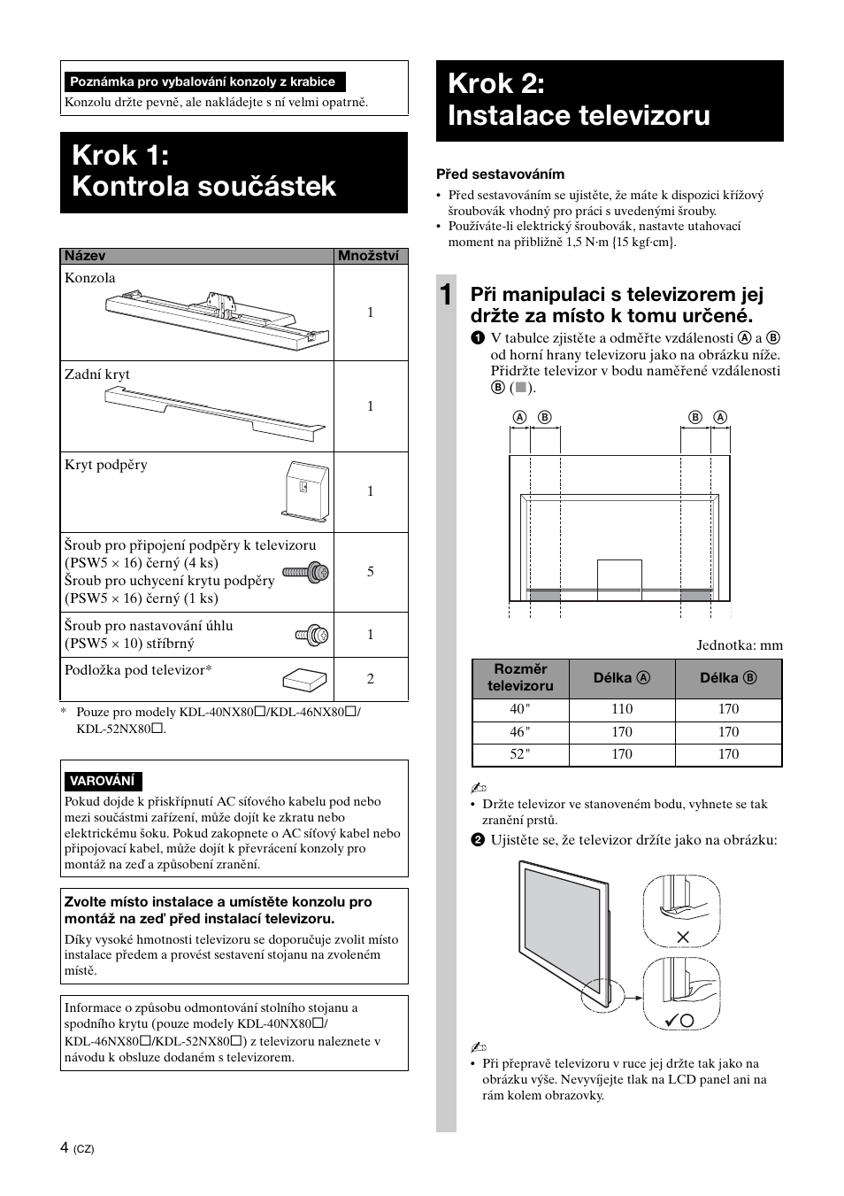 Krok 1: kontrola součástek, Krok 2: instalace televizoru, Krok 2: instalace televizoru 1 | Sony SU-46NX1 User Manual | Page 132 / 220
