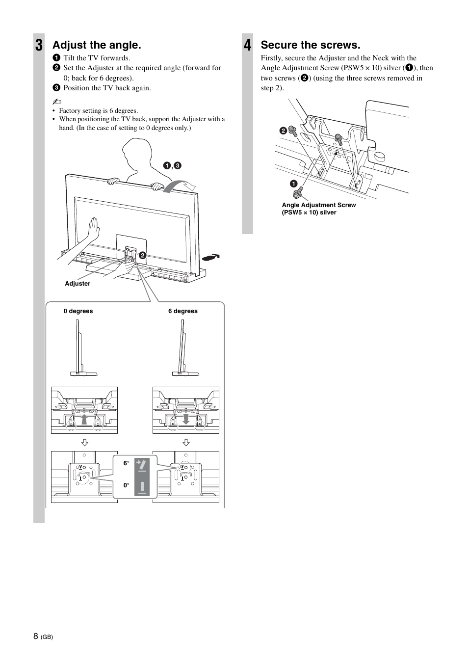 Adjust the angle, Secure the screws | Sony SU-46NX1 User Manual | Page 16 / 220