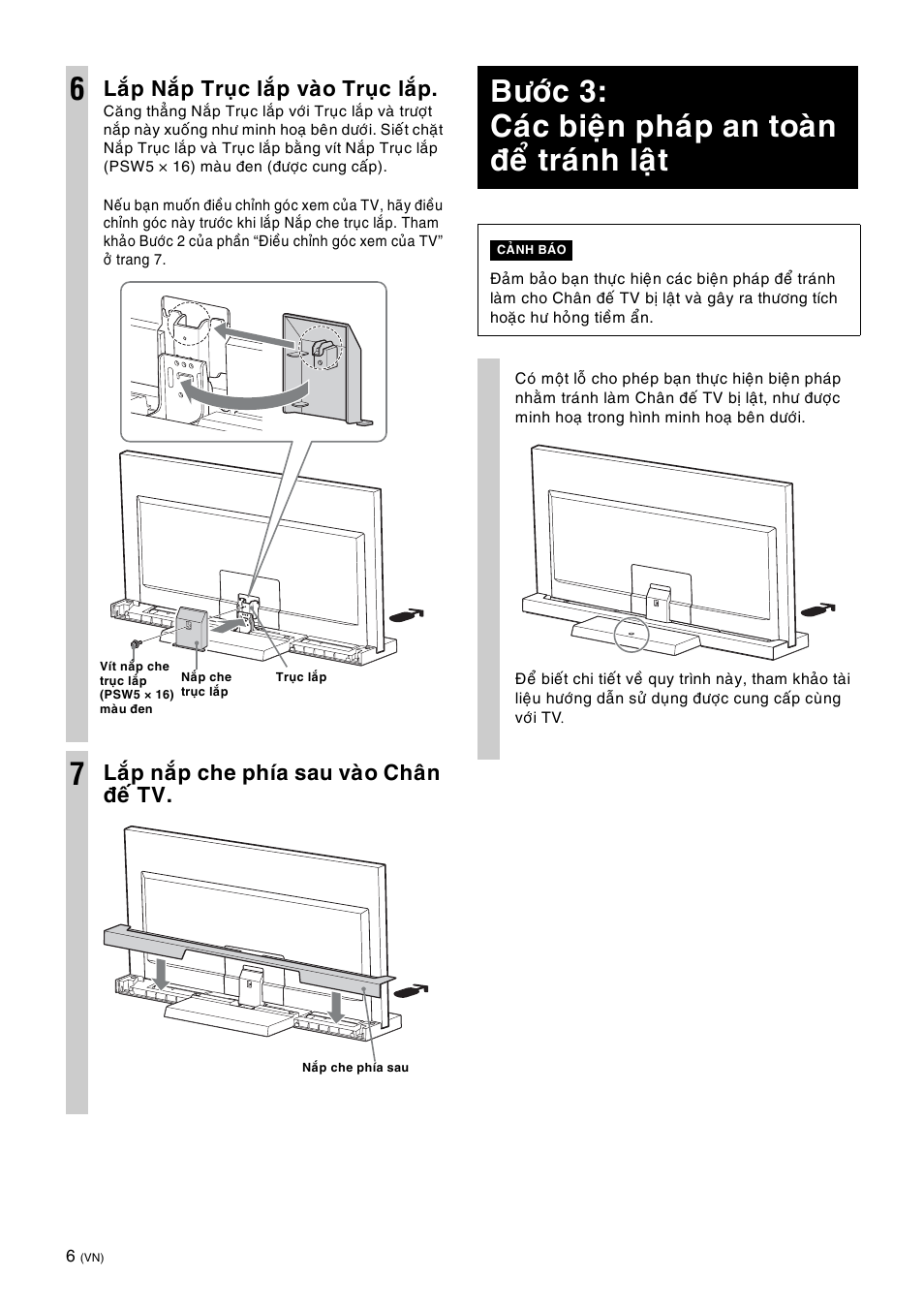 Step 3: safety measures to prevent toppling over, Böôùc 3: caùc bieän phaùp an toaøn ñeå traùnh laät, Laép naép truïc laép vaøo truïc laép | Laép naép che phía sau vaøo chaân ñeá tv | Sony SU-46NX1 User Manual | Page 166 / 220