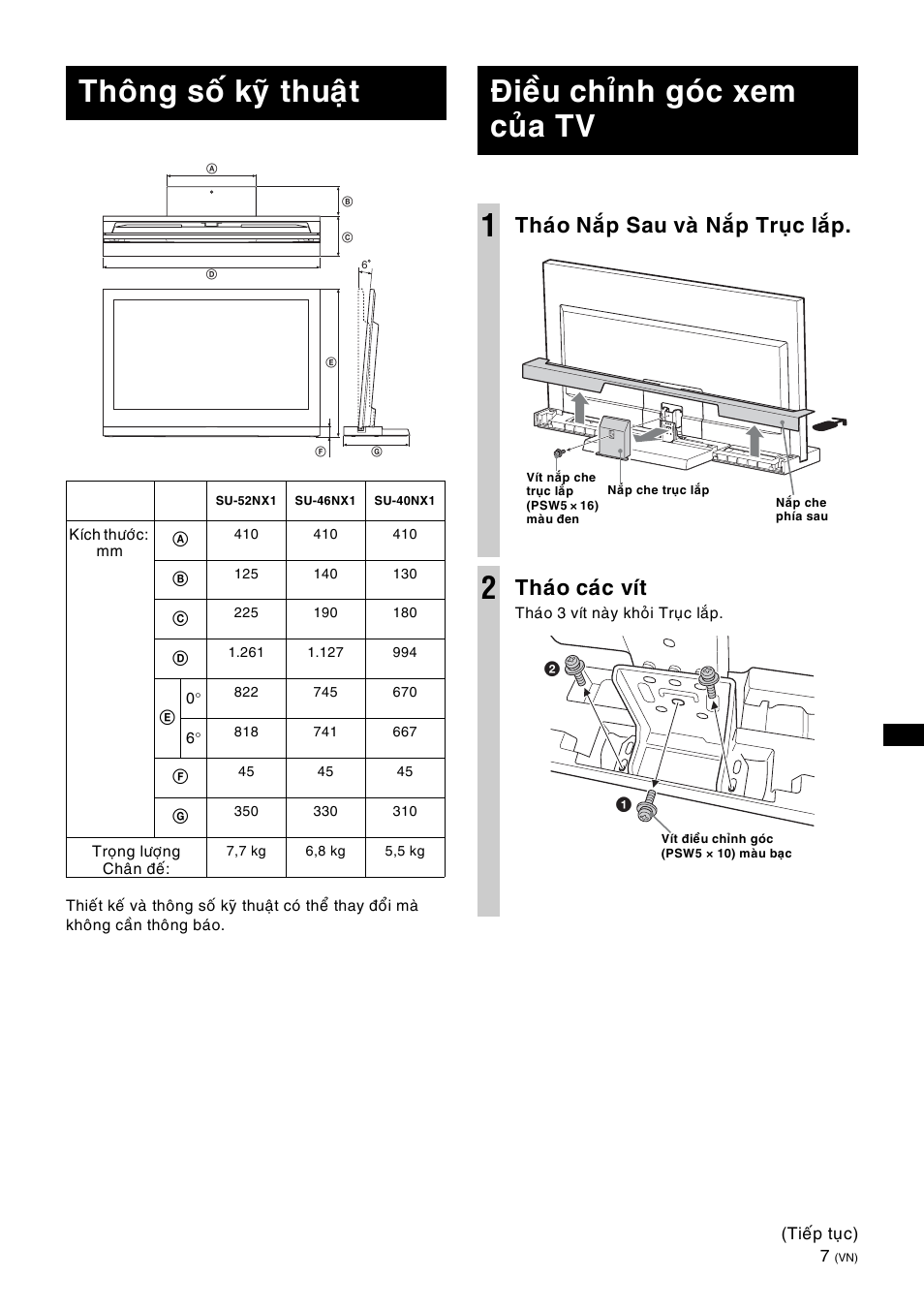 Specifications, Adjusting the viewing angle of the tv, Thoâng soá kyõ thuaät | Ñieàu chænh goùc xem cuûa tv 1, Thaùo naép sau vaø naép truïc laép, Thaùo caùc vít | Sony SU-46NX1 User Manual | Page 167 / 220