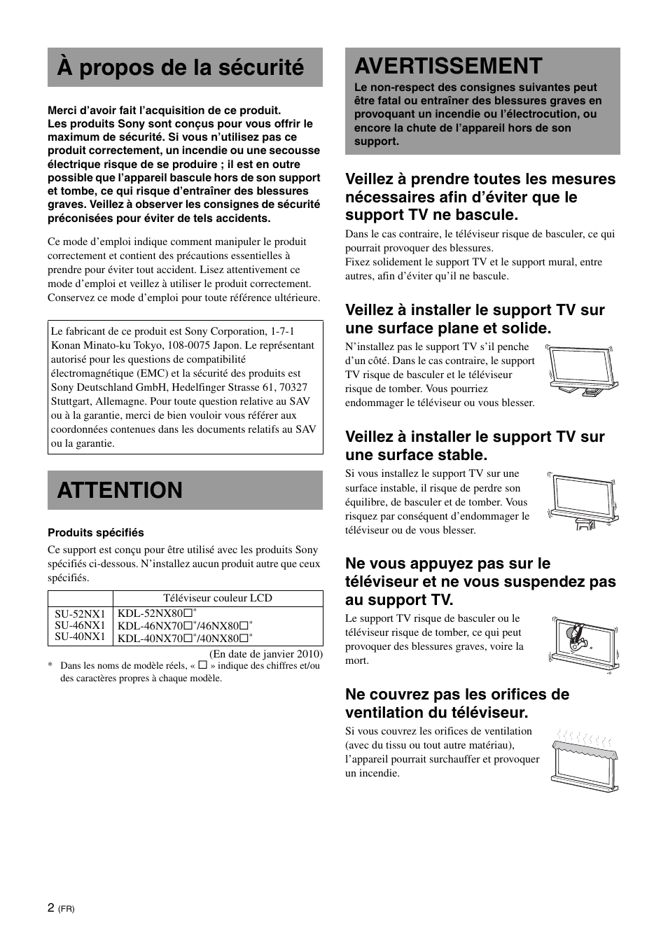 À propos de la sécurité, Attention, Avertissement | Sony SU-46NX1 User Manual | Page 18 / 220