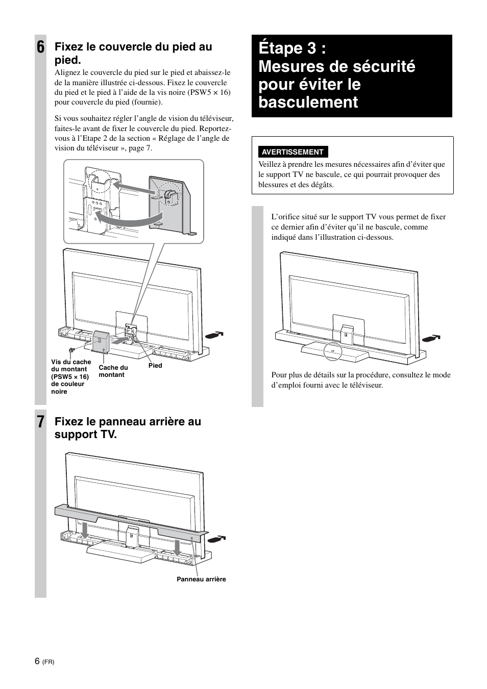 Fixez le couvercle du pied au pied, Fixez le panneau arrière au support tv | Sony SU-46NX1 User Manual | Page 22 / 220