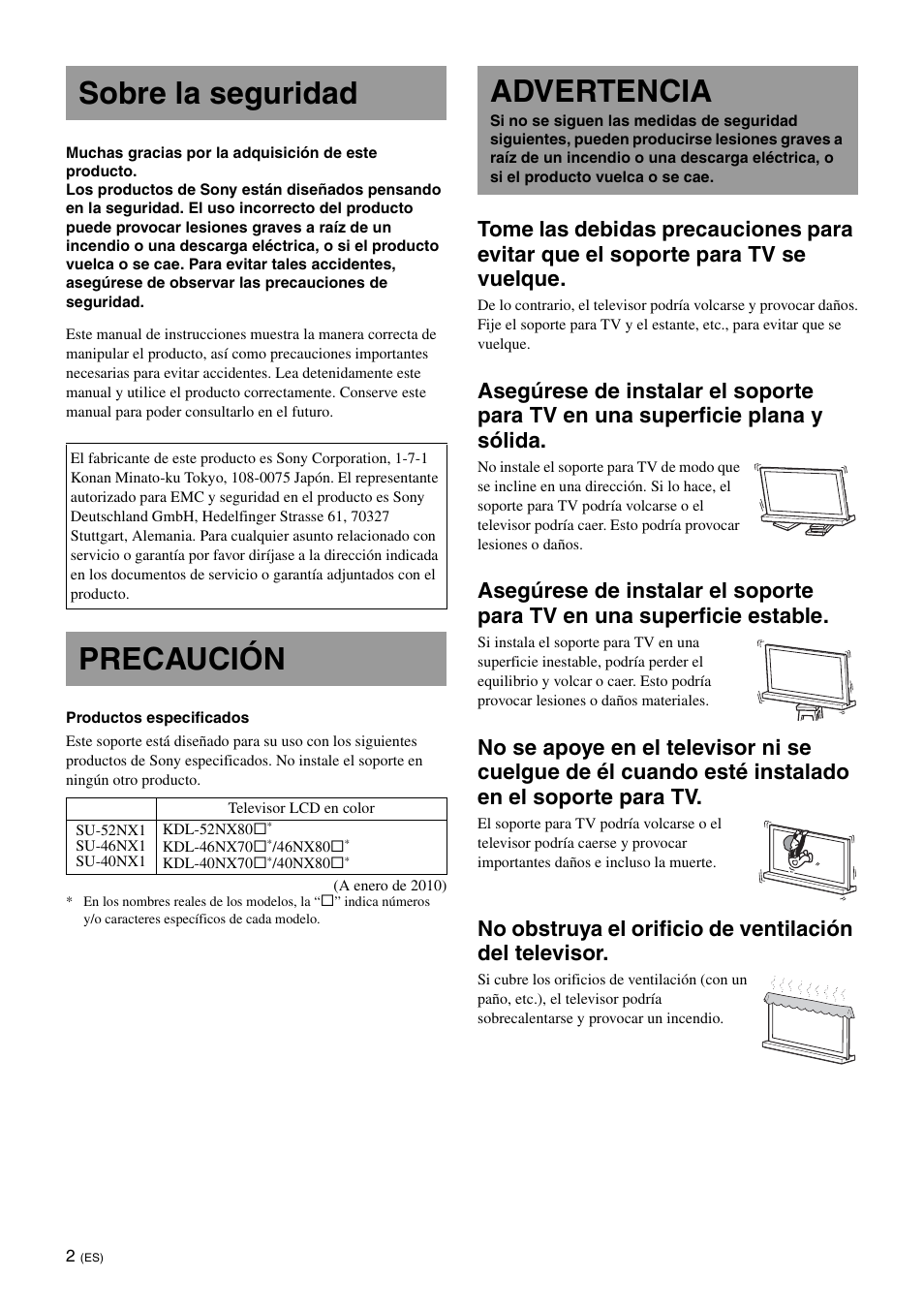 Sobre la seguridad, Precaución, Advertencia | Sony SU-46NX1 User Manual | Page 26 / 220