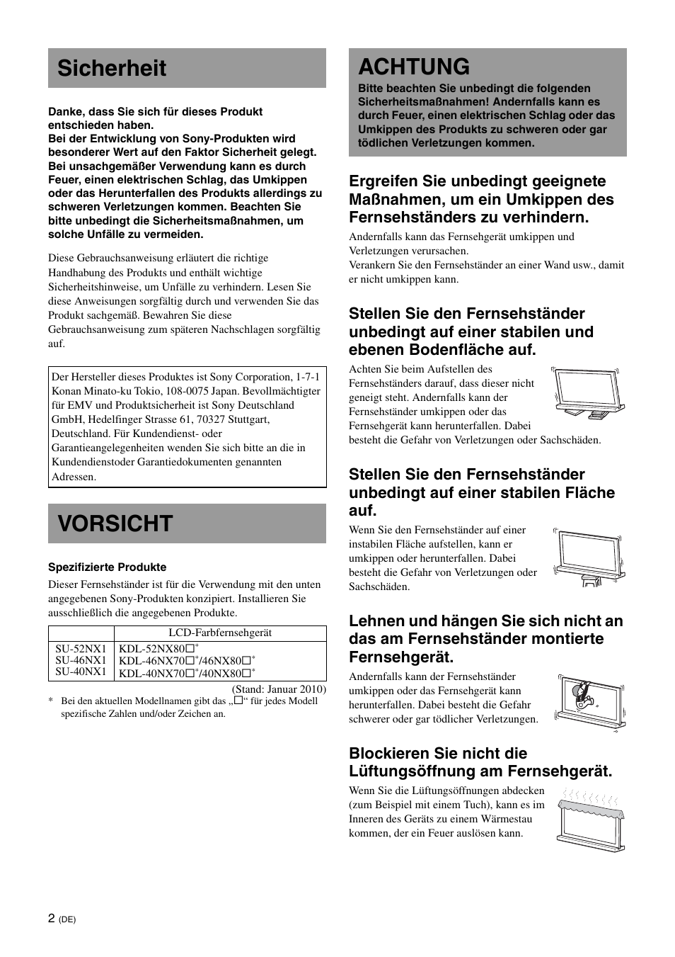 Sicherheit, Vorsicht, Achtung | Sony SU-46NX1 User Manual | Page 34 / 220