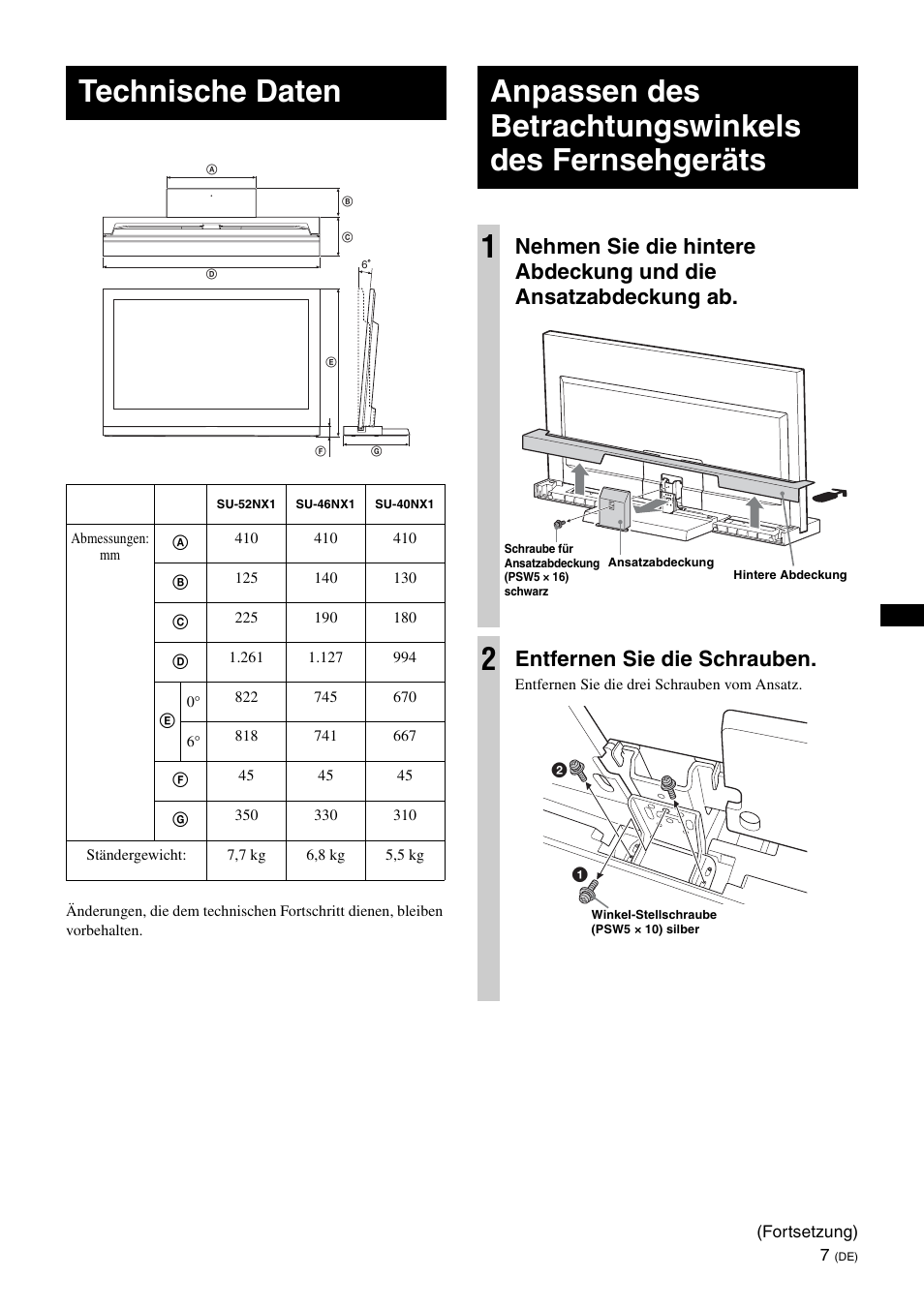 Technische daten, Anpassen des betrachtungswinkels des fernsehgeräts, Entfernen sie die schrauben | Sony SU-46NX1 User Manual | Page 39 / 220