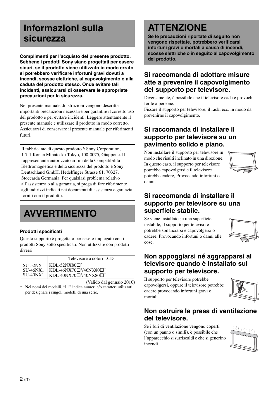 Informazioni sulla sicurezza, Avvertimento, Attenzione | Sony SU-46NX1 User Manual | Page 50 / 220