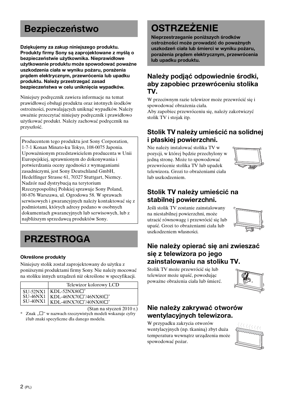 Bezpieczeństwo, Przestroga, Ostrzeżenie | Stolik tv należy umieścić na stabilnej powierzchni | Sony SU-46NX1 User Manual | Page 66 / 220