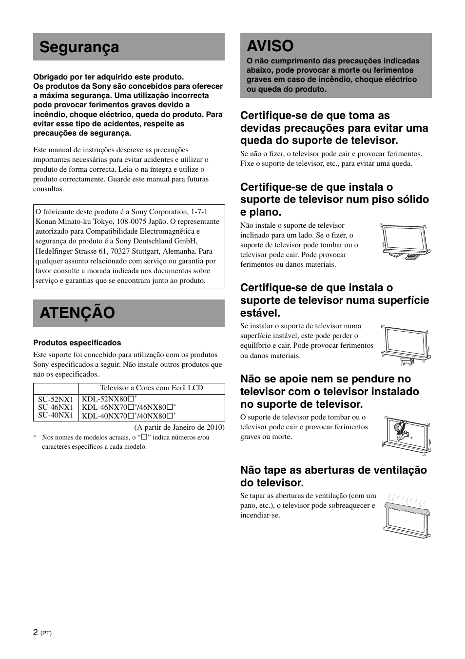 Segurança, Atenção, Aviso | Não tape as aberturas de ventilação do televisor | Sony SU-46NX1 User Manual | Page 74 / 220