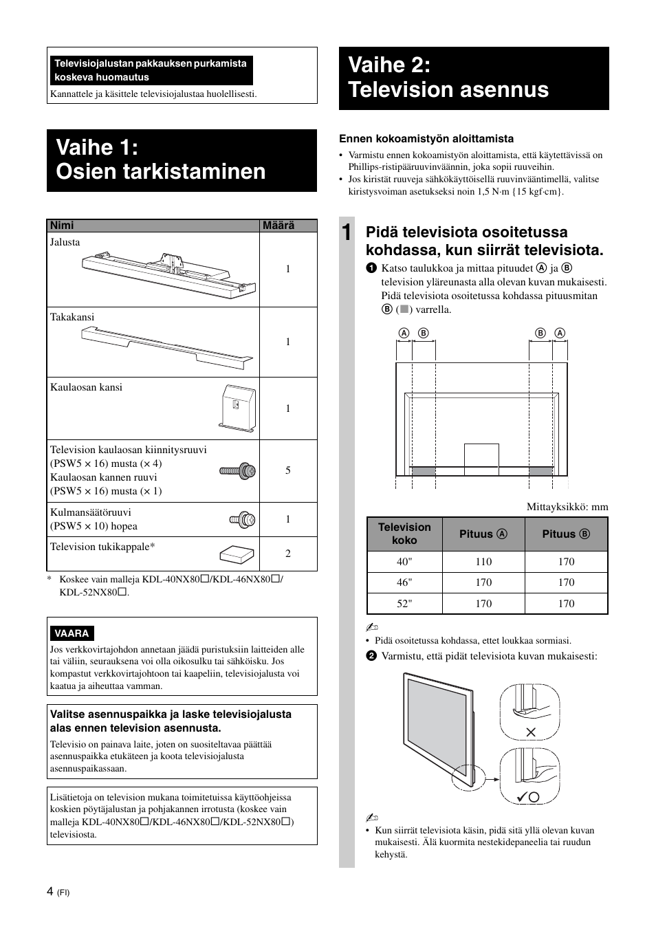 Vaihe 1: osien tarkistaminen, Vaihe 2: television asennus, Vaihe 2: television asennus 1 | Sony SU-46NX1 User Manual | Page 92 / 220