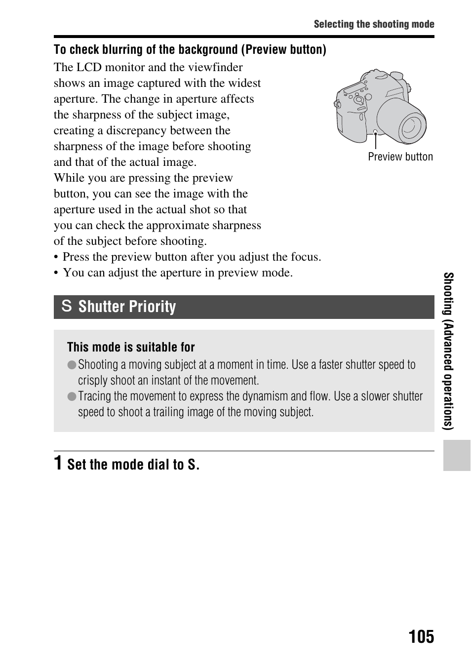 Shutter priority, N (105), Eed (105) | Ter speed (105), D (105) | Sony SLT-A77VM User Manual | Page 105 / 242