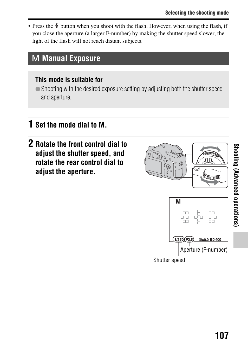 Manual exposure, Exposure) (107) | Sony SLT-A77VM User Manual | Page 107 / 242