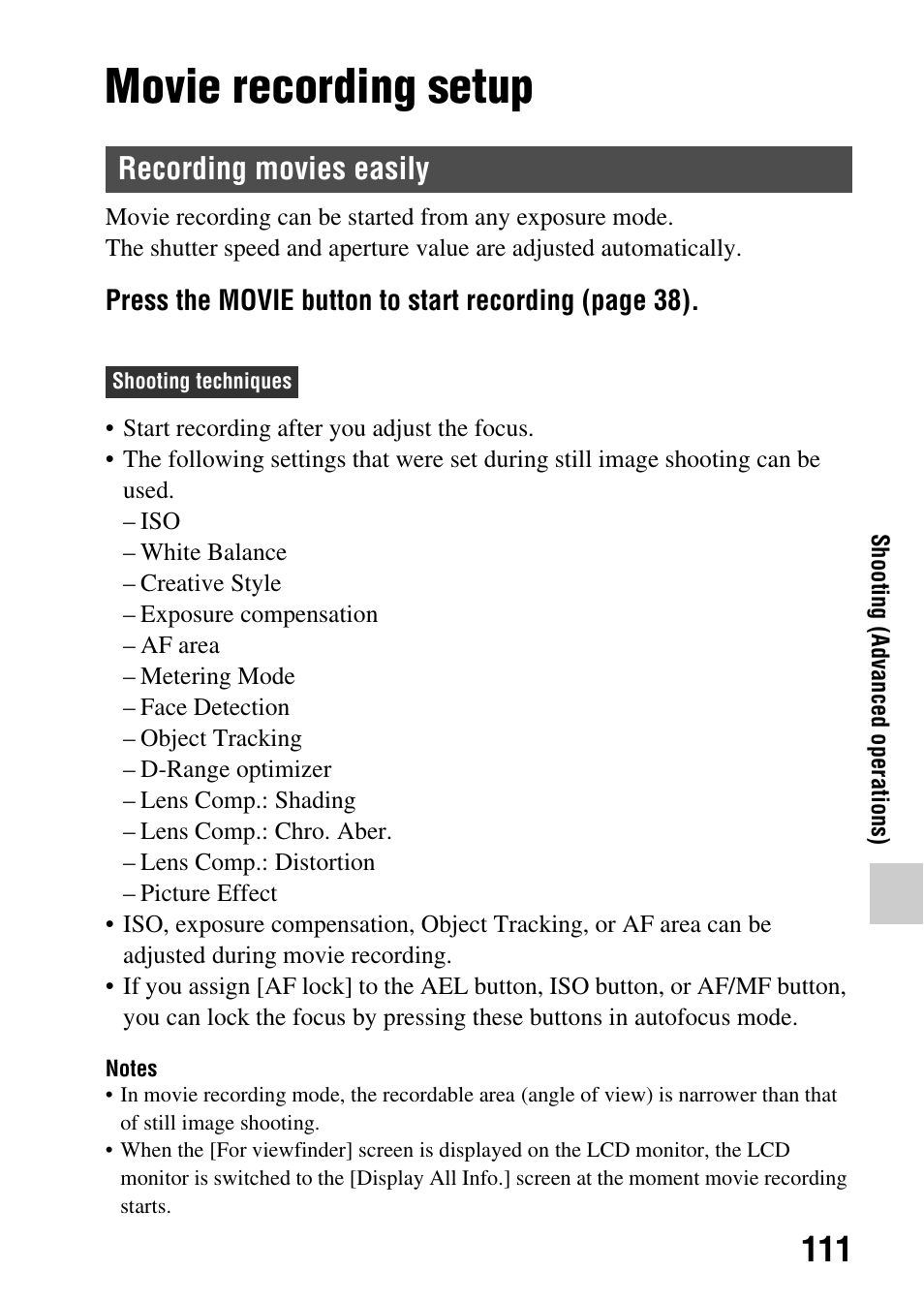 Movie recording setup, Recording movies easily | Sony SLT-A77VM User Manual | Page 111 / 242