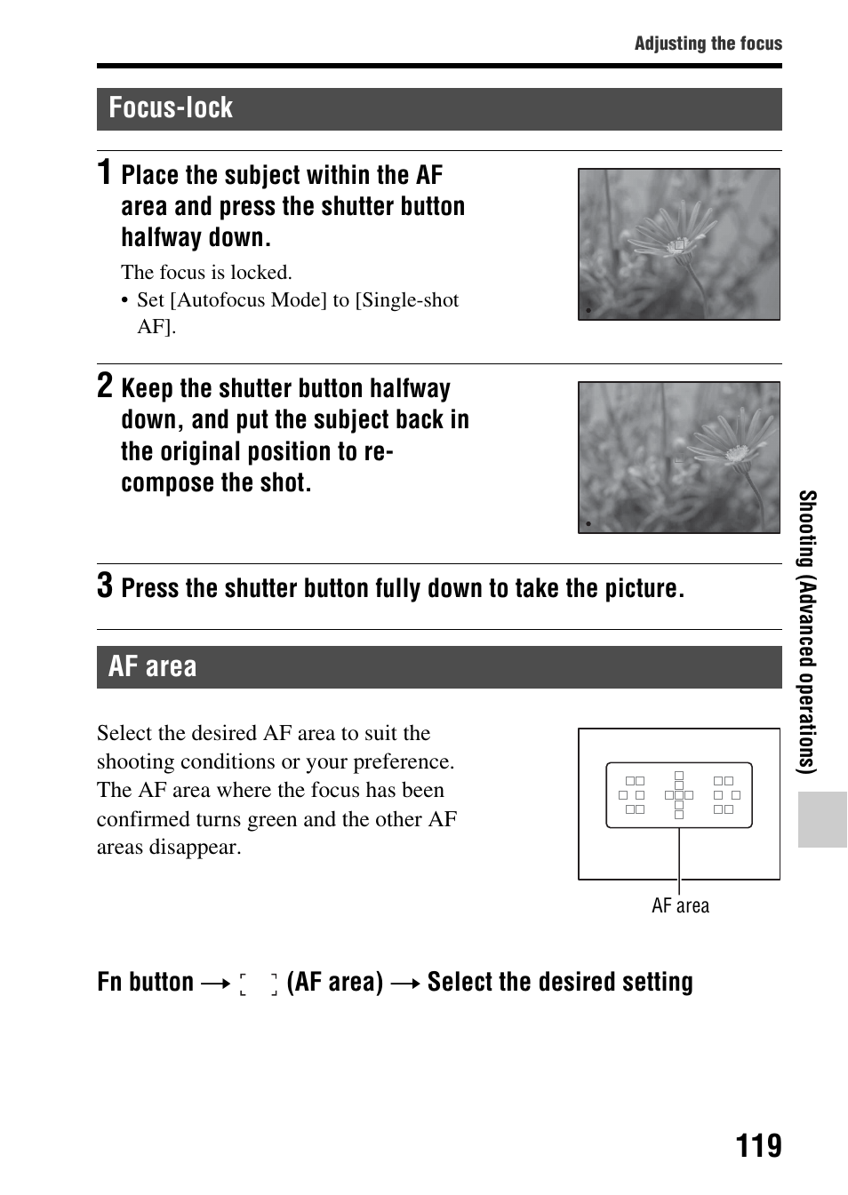 Focus-lock, Af area, Focus-lock af area | Af area (119) | Sony SLT-A77VM User Manual | Page 119 / 242