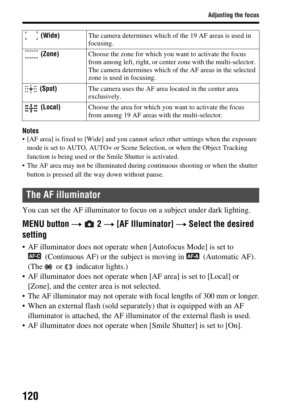 The af illuminator, 120)/self | Sony SLT-A77VM User Manual | Page 120 / 242