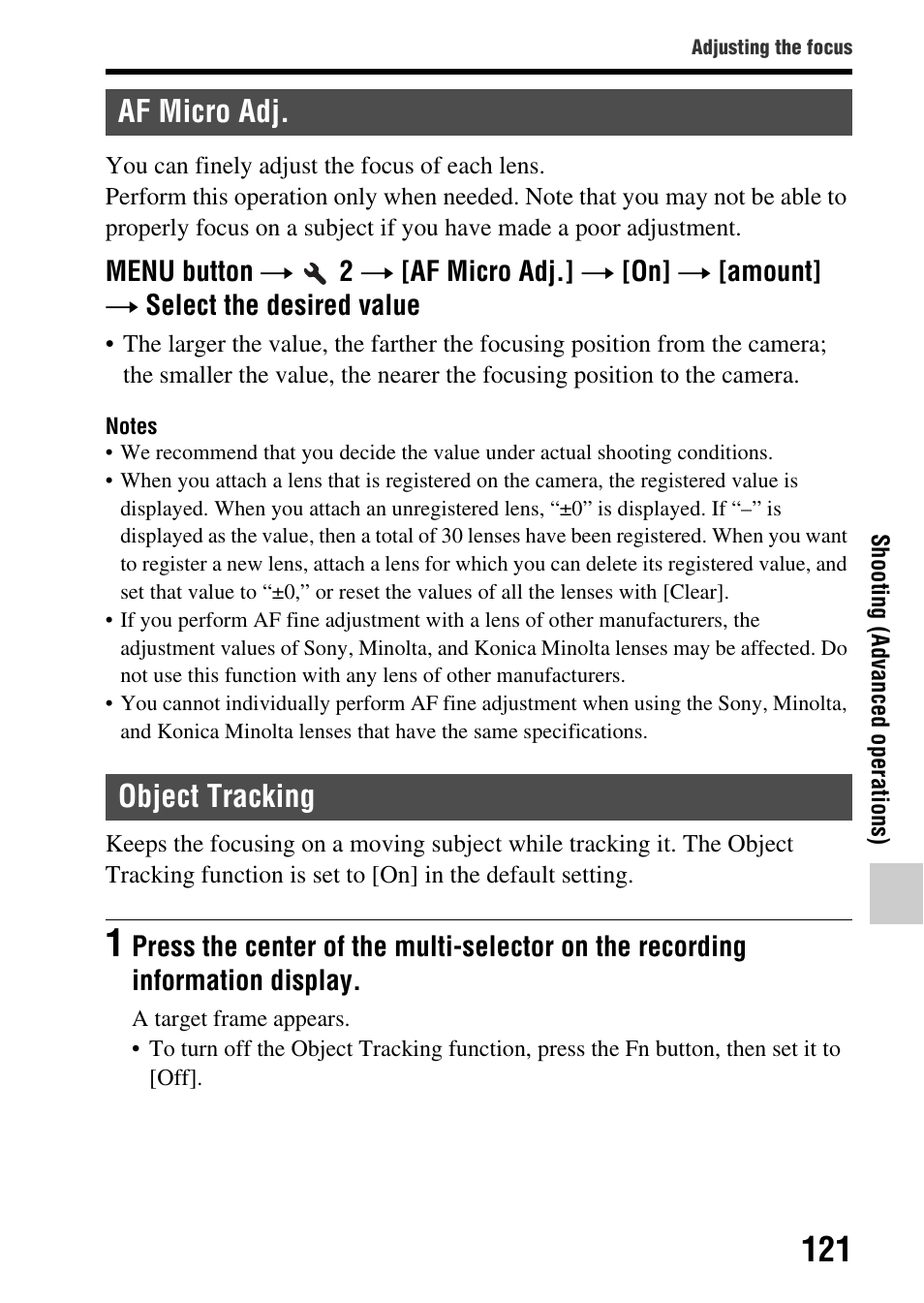Af micro adj, Object tracking, Af micro adj object tracking | Ng (121), Af micro adj. object tracking | Sony SLT-A77VM User Manual | Page 121 / 242