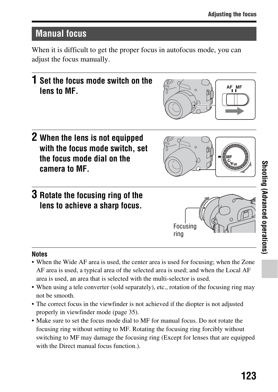 Manual focus | Sony SLT-A77VM User Manual | Page 123 / 242