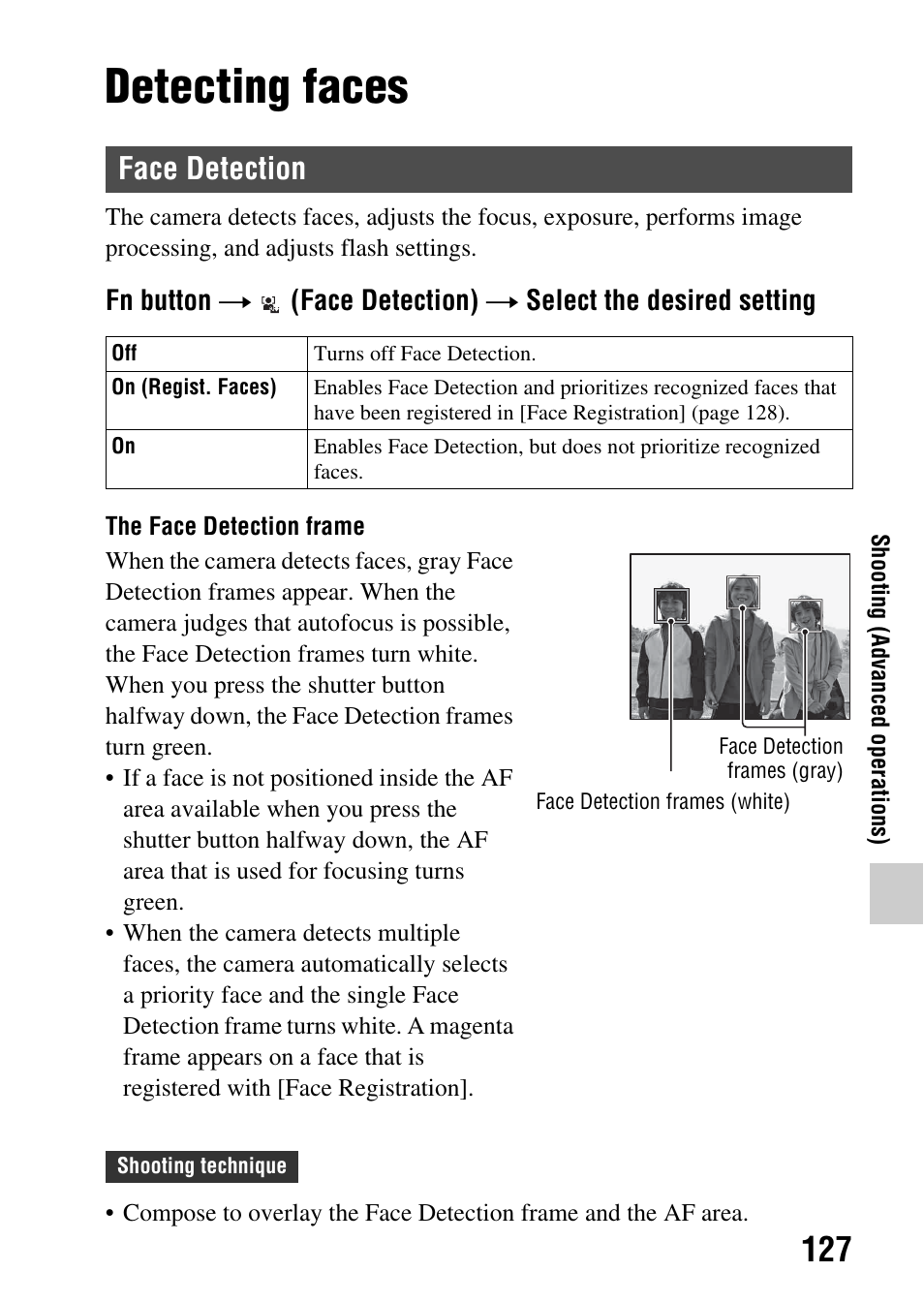 Detecting faces, Face detection, Ion (127) | Sony SLT-A77VM User Manual | Page 127 / 242