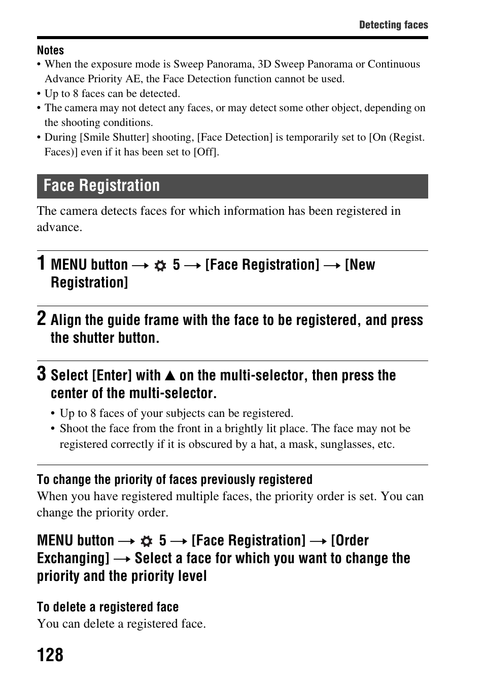 Face registration | Sony SLT-A77VM User Manual | Page 128 / 242