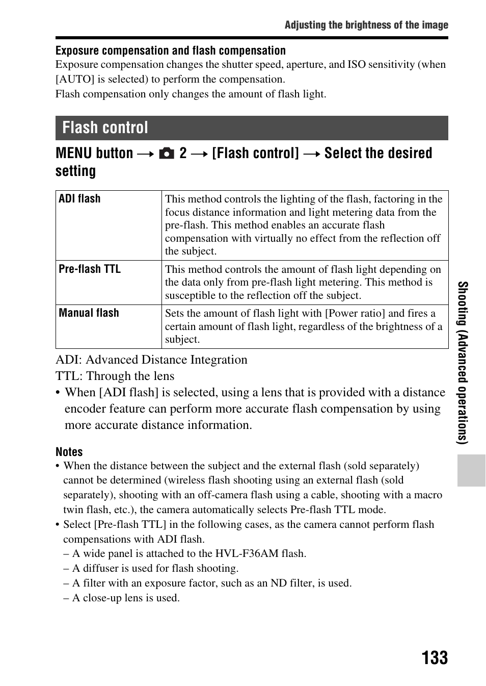 Flash control, L (133) | Sony SLT-A77VM User Manual | Page 133 / 242