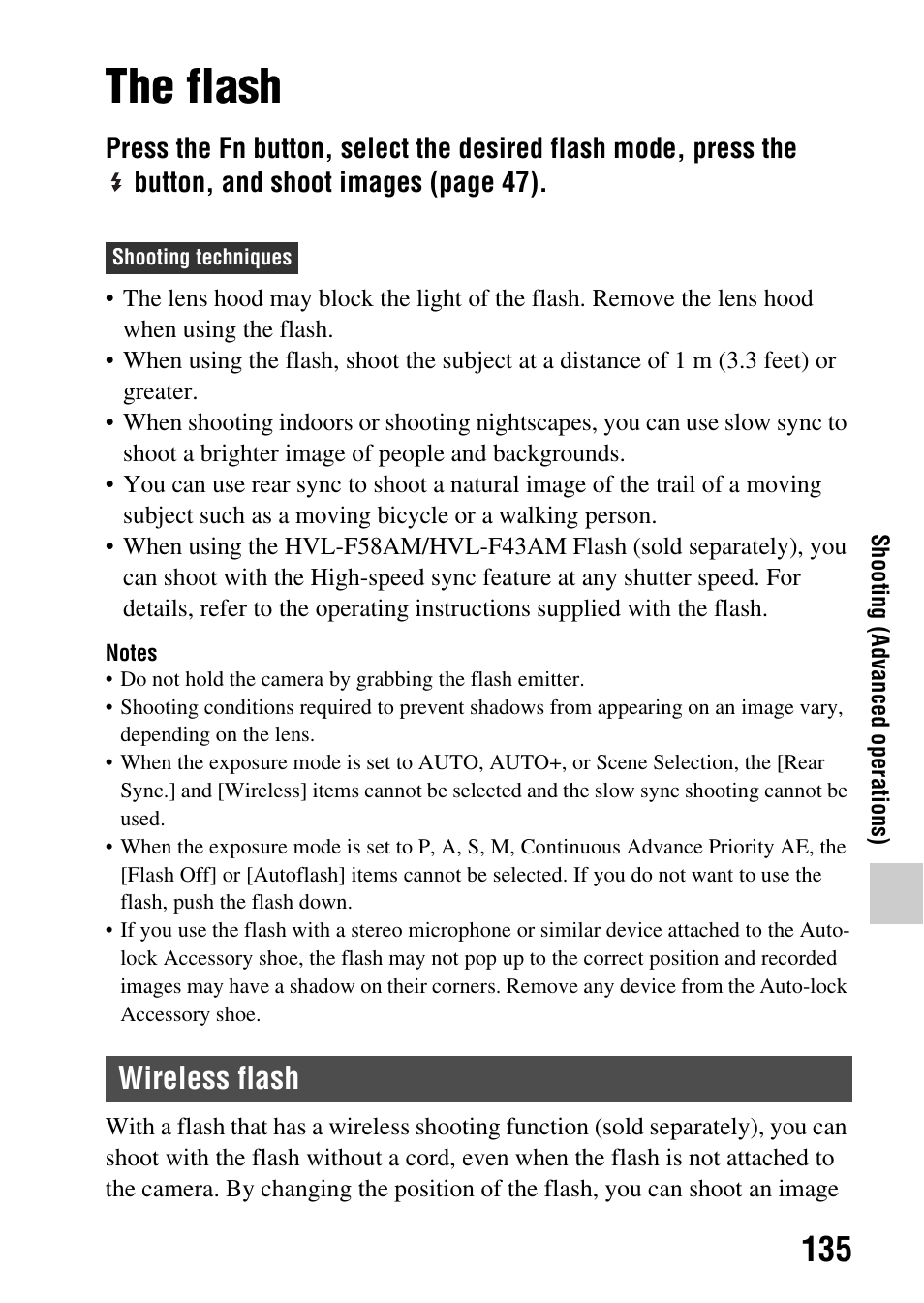 The flash, Wireless flash, Ow sync. (135) | Sony SLT-A77VM User Manual | Page 135 / 242