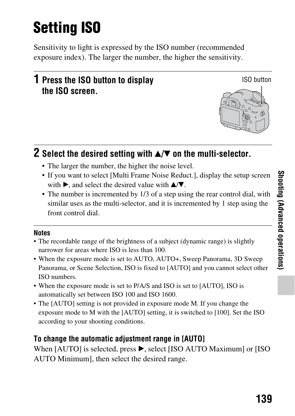Setting iso, N (139), On (139) | Iso (139), Y (139) | Sony SLT-A77VM User Manual | Page 139 / 242