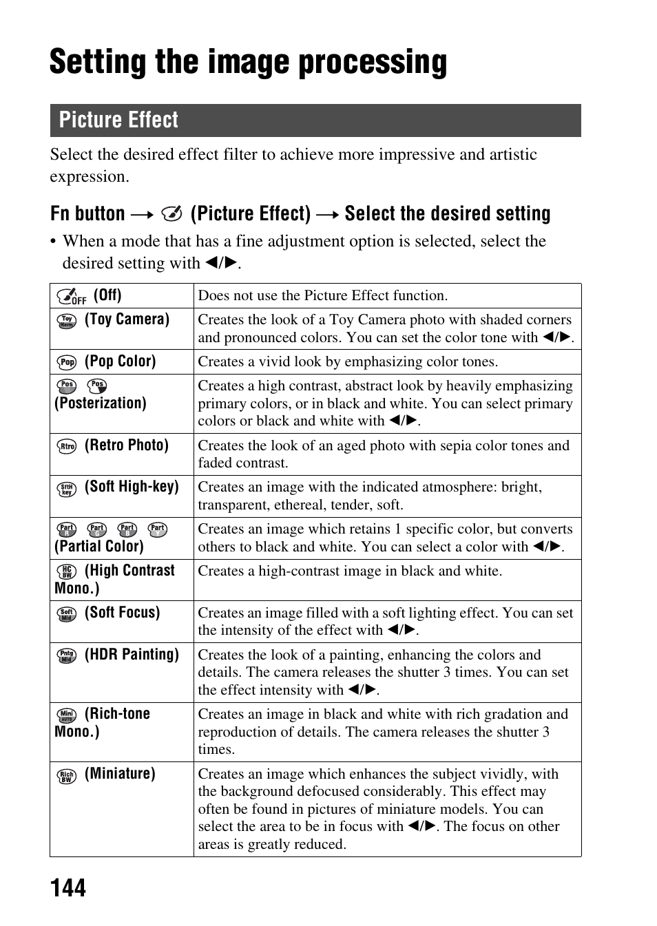 Setting the image processing, Picture effect | Sony SLT-A77VM User Manual | Page 144 / 242